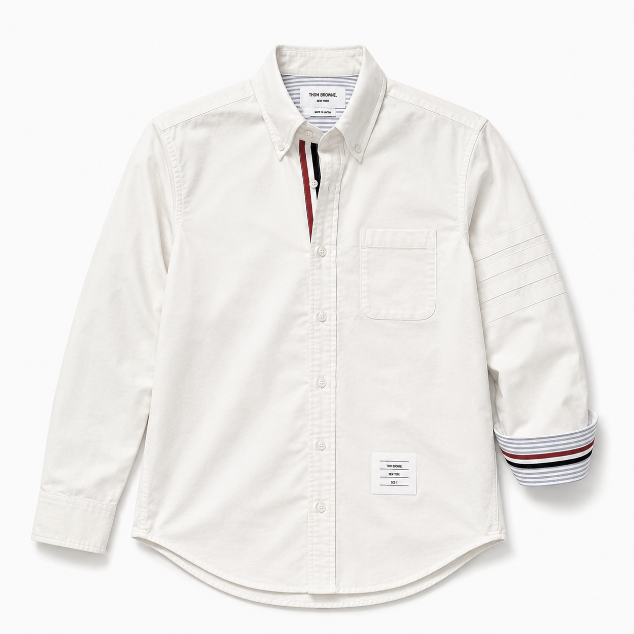 Thom Brown Oxford Trắng Sọc Đỏ Viền Bo Tay