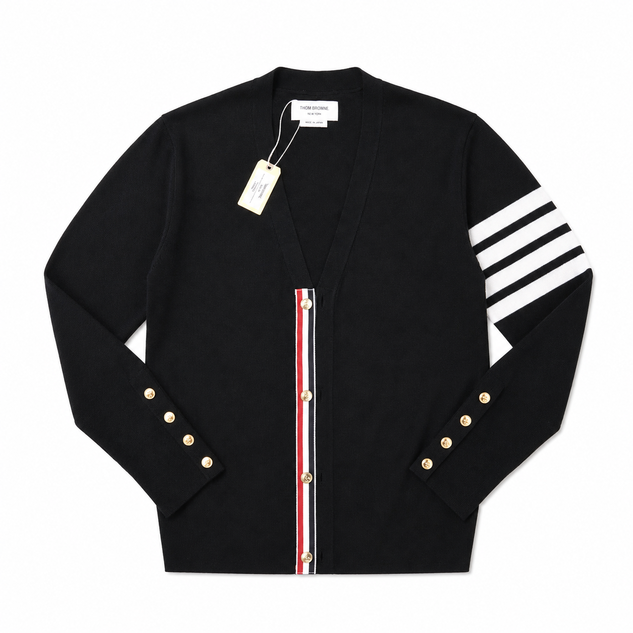 Thom Brown Cardigan Cashmere Đen Viền Dây Cúc Vàng