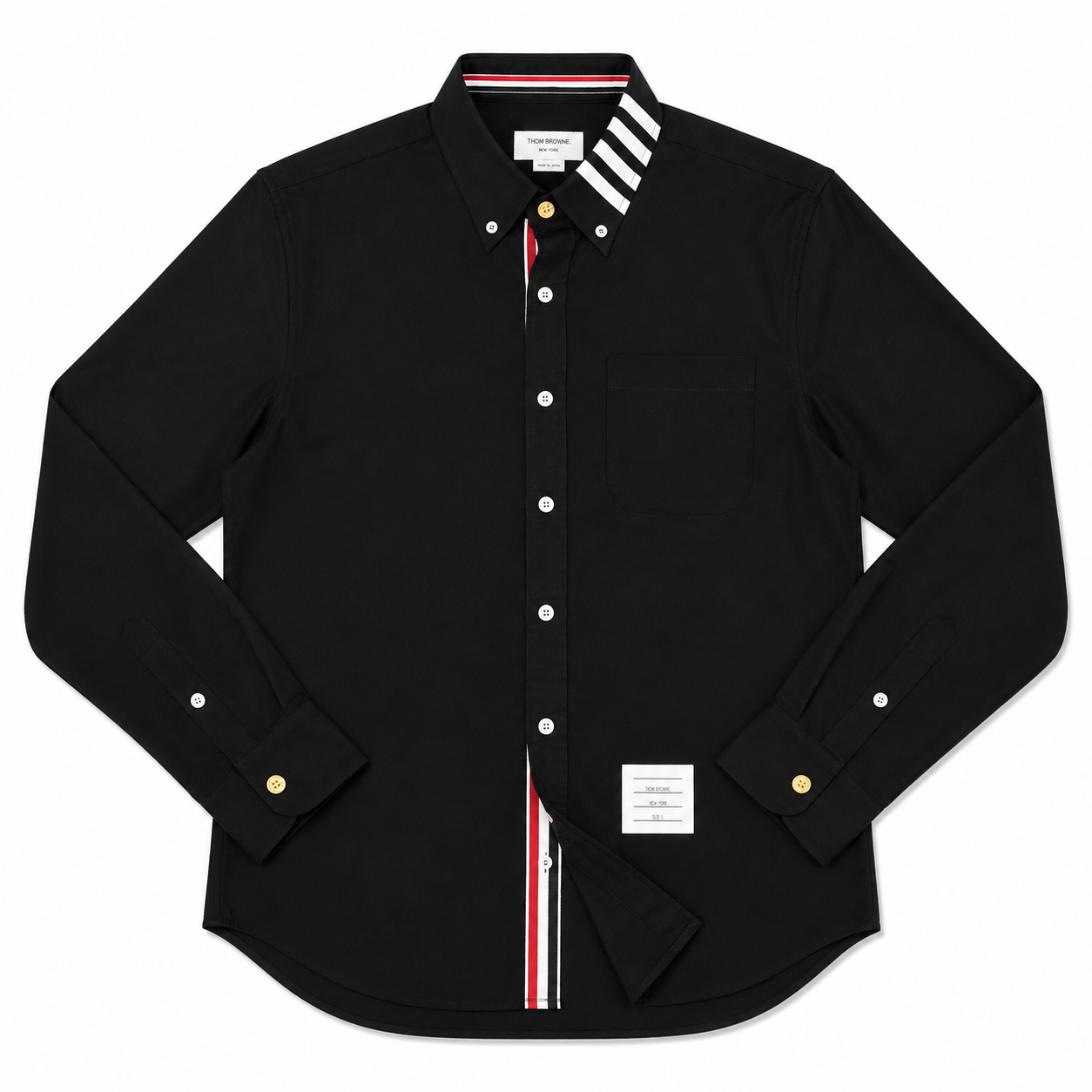 Thom Brown Oxford Đen 4 Sọc Trắng Cổ Cúc Vàng
